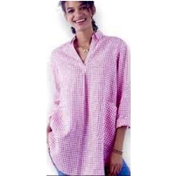 The Company Store Tops - The Company Store Pink White Gingham 100% Linen Collared Tunic